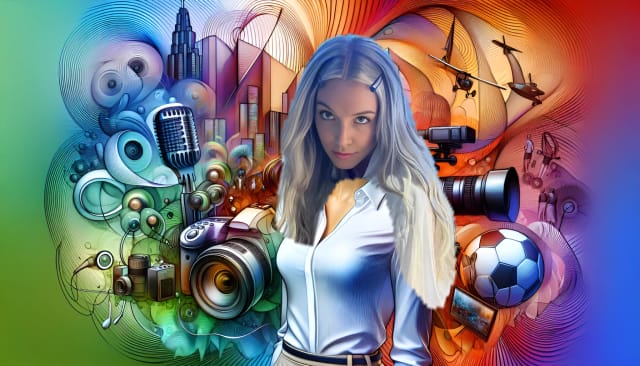 Alex Cooper, sporting a professional white shirt, with subtle podcasting and media symbolism in the vibrant background