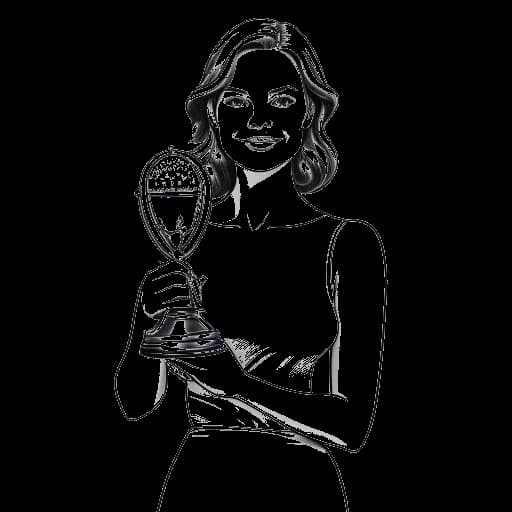Desenho de linha de uma jovem segurando uma estatueta do Oscar, representando a vitória de Emma Stone como Melhor Atriz em 'La La Land'. A imagem simboliza seu talento e reconhecimento na indústria.