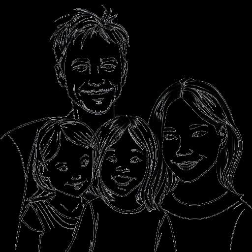Desenho de linha de uma família, representando a vida pessoal e a felicidade de Emma Stone. A imagem simboliza seu casamento e a alegria de dar as boas-vindas a uma filha.