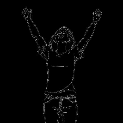 Desenho de linha de uma adolescente com os braços levantados, representando uma jovem Emma Stone encontrando paixão e confiança na atuação. A imagem captura seu entusiasmo pelas artes performáticas.