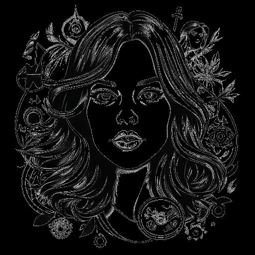 Desenho em arte linear de uma mulher, representando Emma Stone, com cabelos esvoaçantes e olhos expressivos. Ela está cercada por símbolos icônicos de cinema, incluindo um carretel de filme, uma estatueta do Oscar e um cifrão, tudo em um fundo branco.