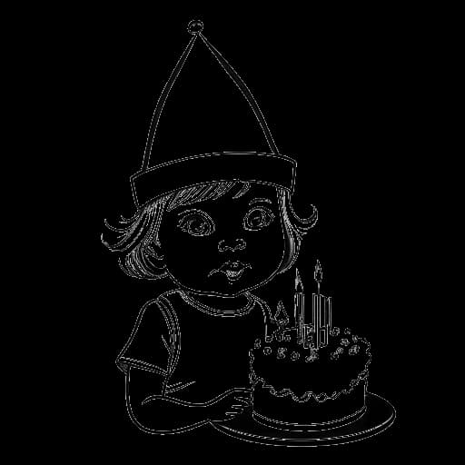 Desenho de arte de uma menina bebê, representando Emma Stone, usando um chapéu de aniversário, ao lado de um bolo com '1988' nele.