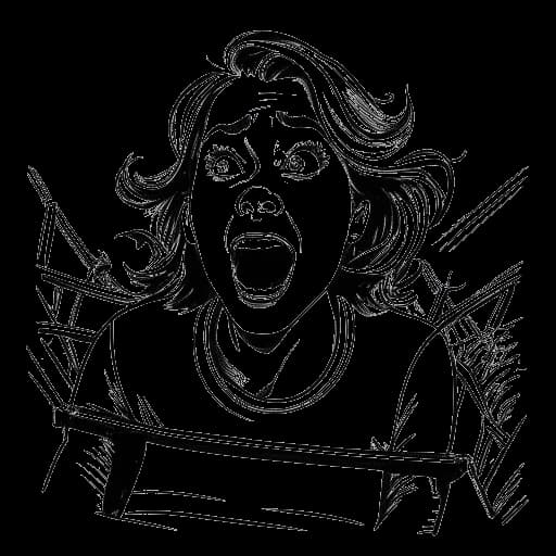 Desenho de arte de uma mulher, representando Emma Stone, em uma montanha-russa com uma expressão assustada, mas animada.