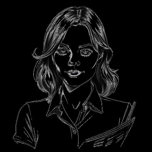 Desenho de arte de uma jovem mulher, representando Emma Stone, segurando um roteiro com 'In Search of the New Partridge Family' escrito nele.