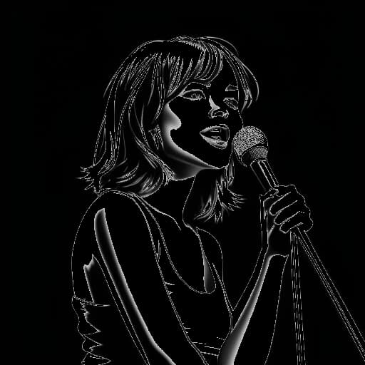Desenho de arte de uma jovem garota, representando Emma Stone, se apresentando em um palco de teatro com um holofote.