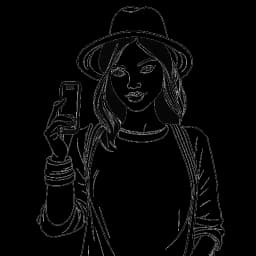 Strichzeichnung einer Frau, die Alessya Farrugia darstellt, die stilvoll posiert und ihr Handy umgeben von Instagram-Icons hält, um ihren Einfluss auf der Plattform zu zeigen.