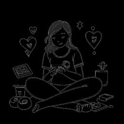 Strichzeichnung einer Frau, die Alessya Farrugia darstellt, die Videospiele spielt und mit einer Online-Community interagiert, umgeben von einer Konsole und Herzsymbols, die ihr persönliches Leben und ihre Interessen hervorheben.
