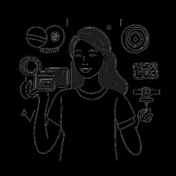 Strichzeichnung einer Frau, die Alessya Farrugia darstellt, die für ihren YouTube-Kanal aufnimmt, umgeben von Kamera- und Wiedergabesymbolen, die ihren Weg der Inhaltserstellung zeigen.