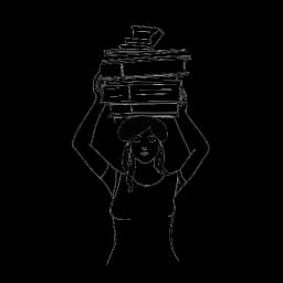 Line drawing of a woman representing Nailea Devora balancing books on her head in fashionable attire, symbolizing her dual focus on education and fashion against a white backdrop.