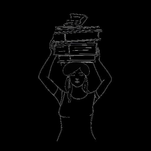 Line drawing of a woman representing Nailea Devora balancing books on her head in fashionable attire, symbolizing her dual focus on education and fashion against a white backdrop.