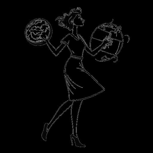 Line art of a woman representing Nailea Devora dancing with shopping bags, next to a globe illustration, and a quirky bird clutching a hot dog, capturing her hobbies and unique experiences, on a white background.