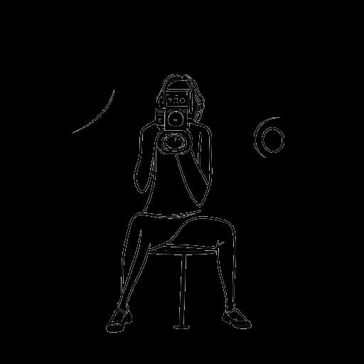 Desenho de linhas de uma mulher representando Nailea Devora, sentada em frente a uma câmera, com um símbolo de TDAH flutuando sobre sua cabeça