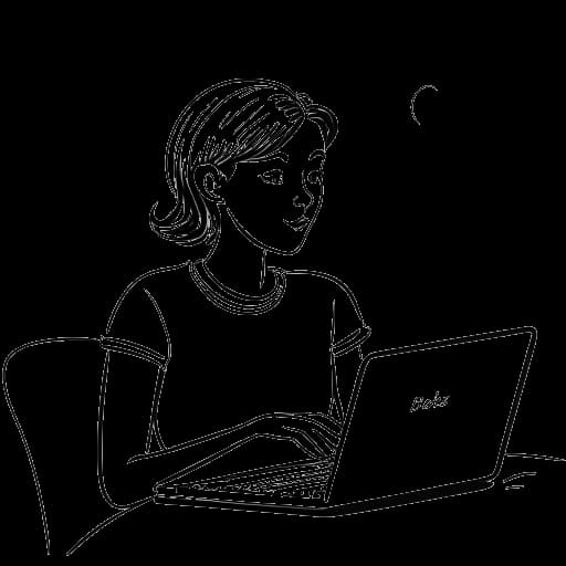 Desenho de linhas de uma mulher representando Nailea Devora, assistindo 'La La Land' em um laptop, com um balão de pensamento mostrando as palavras 'melhor filme de todos os tempos'