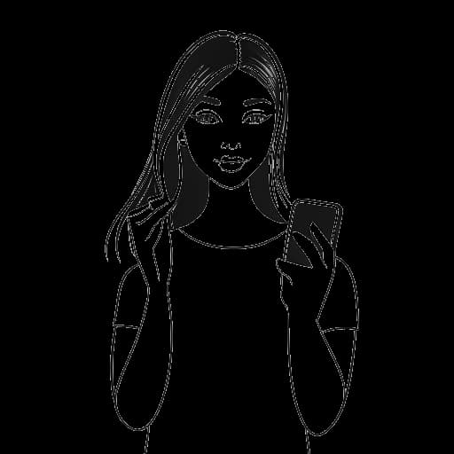 Desenho de linhas de uma mulher representando Nailea Devora, segurando um smartphone com os logos do Instagram e YouTube na tela