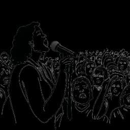 Disegno in bianco e nero di una donna, raffigurante Samantha Irvin, che canta di fronte a una folla esultante.