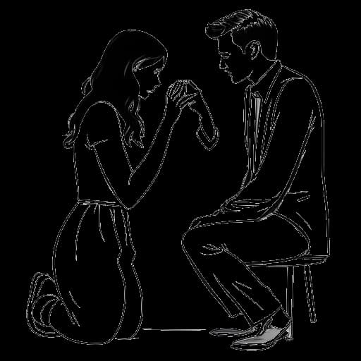 Disegno in bianco e nero di una donna, raffigurante Samantha Irvin, con il suo compagno, Ricochet, che le fa la proposta di matrimonio.