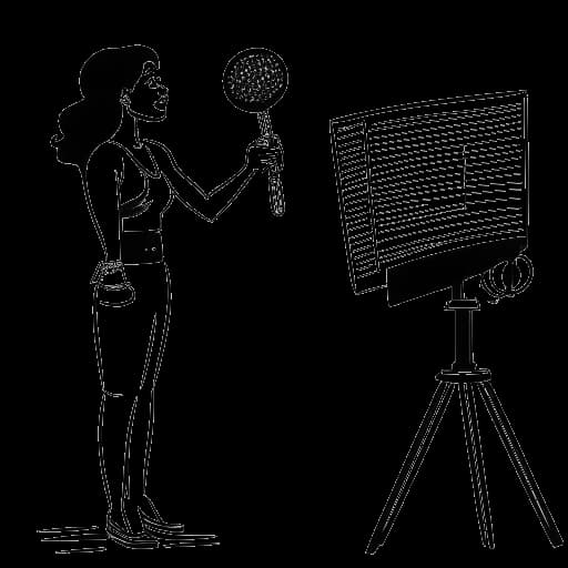 Dibujo lineal de una mujer, representando a Samantha Irvin, en un ring de lucha libre con un micrófono, una claqueta de cine y notas musicales que simbolizan su carrera en el entretenimiento y la música, sobre un fondo blanco.