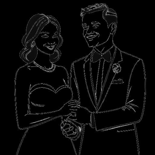 Dibujo en línea de una mujer, que representa a Samantha Irvin, tomada de la mano con un hombre, que representa a Ricochet, con un anillo de compromiso y un banner de bodas en el fondo.
