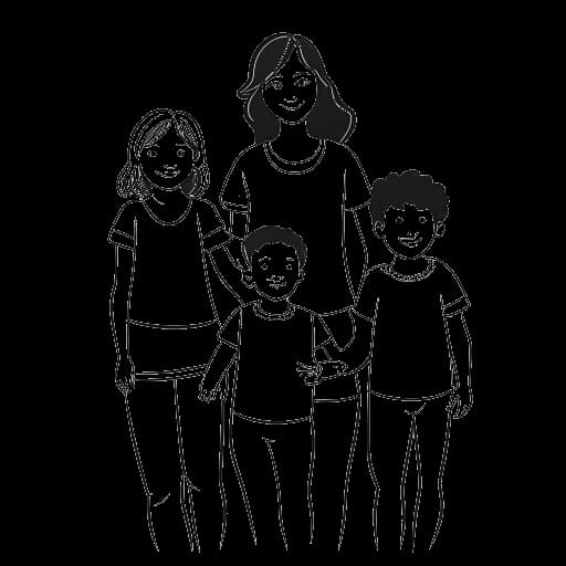 Dibujo en línea de una mujer, que representa a Samantha Irvin, tomada de la mano con una niña, que representa a su hija, y un niño, que representa a su hijastro, con un banner familiar en el fondo.