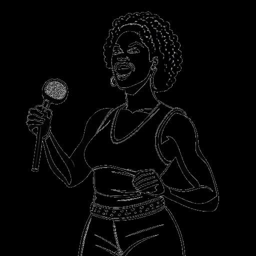 Dibujo en línea de una mujer, que representa a Samantha Irvin, sosteniendo un micrófono y de pie en un ring de lucha libre, con un banner que dice 'primera anunciadora de ring afroamericana' en el fondo.