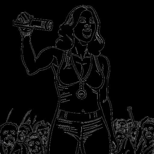 Dibujo en línea de una mujer, que representa a Samantha Irvin, sosteniendo un micrófono y anunciando en un ring de lucha libre, con un banner de 'SmackDown' y 'WrestleMania 39' en el fondo.
