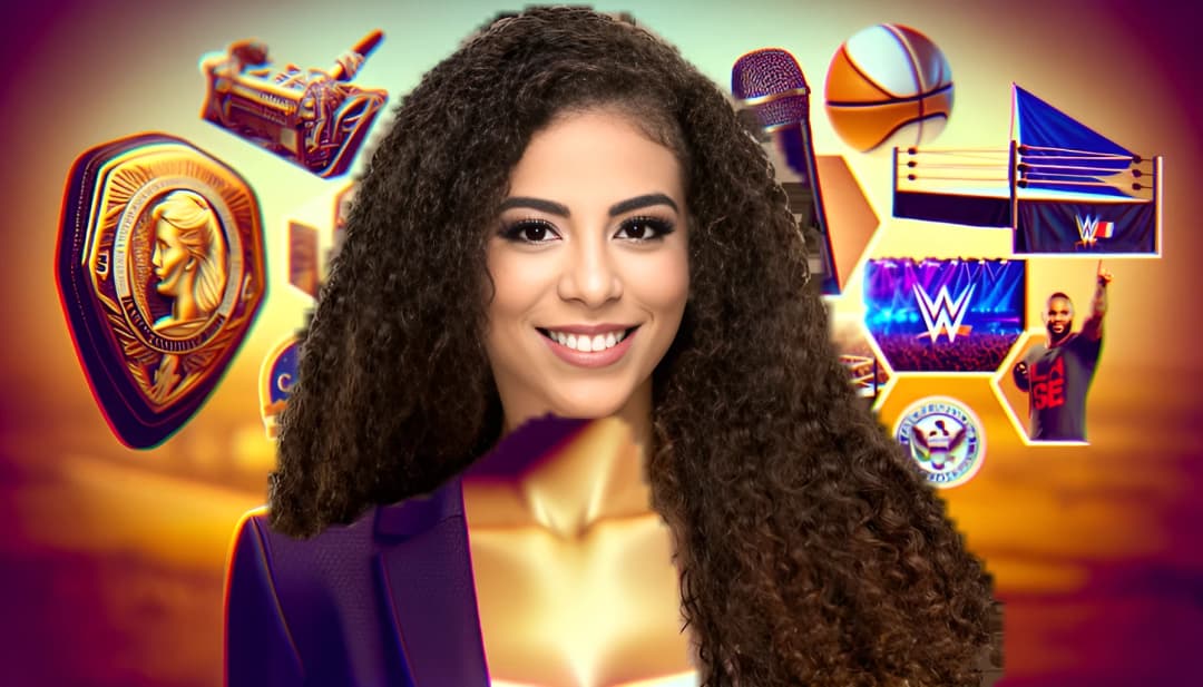 Samantha Irvin, in tenuta da annunciatrice WWE con blazer professionale, si rivolge con sicurezza alla telecamera su uno sfondo che rappresenta la sua carriera musicale e di wrestler, con simboli come un microfono, il Boston Music Award, il logo di American Idol, il ring WWE e punti di riferimento del Massachusetts.