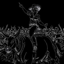 Een enkele tekening van een vrouw die Brittany Venti vertegenwoordigt. Ze heeft kort paars haar en draagt een cowboyhoed terwijl ze op een mechanische stier rijdt. Ze heeft een vastberaden uitdrukking op haar gezicht, en er zijn juichende toeschouwers om haar heen. De achtergrond is wit.