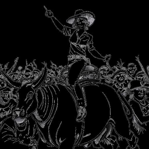 Een enkele tekening van een vrouw die Brittany Venti vertegenwoordigt. Ze heeft kort paars haar en draagt een cowboyhoed terwijl ze op een mechanische stier rijdt. Ze heeft een vastberaden uitdrukking op haar gezicht, en er zijn juichende toeschouwers om haar heen. De achtergrond is wit.