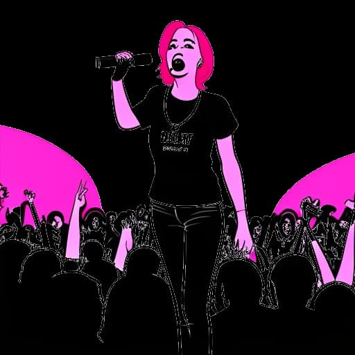 Een enkele tekening van een vrouw die Brittany Venti vertegenwoordigt. Ze heeft roze haar en draagt een zwart t-shirt met de woorden 'Controversiële Koningin' in vette letters. Ze houdt een microfoon vast en staat zelfverzekerd op een podium. Er is een divers publiek dat haar toejuicht. De achtergrond is wit.