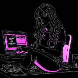 Een enkele tekening van een vrouw die Brittany Venti vertegenwoordigt. Ze heeft lang blond haar en draagt een roze outfit terwijl ze een gamecontroller vasthoudt. Ze heeft een ondeugende uitdrukking op haar gezicht terwijl ze voor een computerscherm zit met daarop de logo's van Twitch en YouTube. De achtergrond is wit.