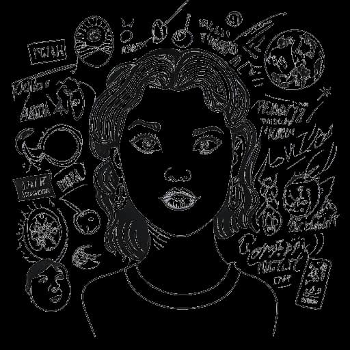 Dibujo en arte lineal de una mujer, que representa a Brittany Venti, con una expresión sarcástica y rodeada de citas y símbolos humorísticos