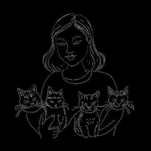 Dibujo en arte lineal de una mujer, que representa a Brittany Venti, sosteniendo dos gatos, con los nombres Pebbles y Rain escritos junto a ellos
