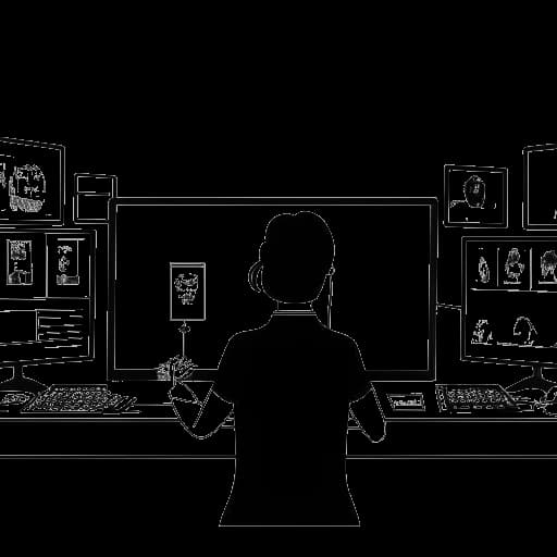 Dibujo en arte lineal de una mujer, que representa a Brittany Venti, apareciendo en múltiples pantallas, con logotipos de plataformas y programas en línea en el fondo