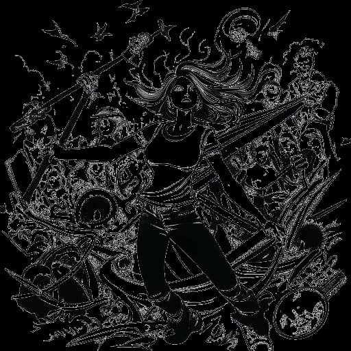 Dibujo en arte lineal de una mujer, que representa a Brittany Venti, rodeada de caos, con símbolos de Antifa y un hombre (Rod 'Slasher' Breslau) en el fondo