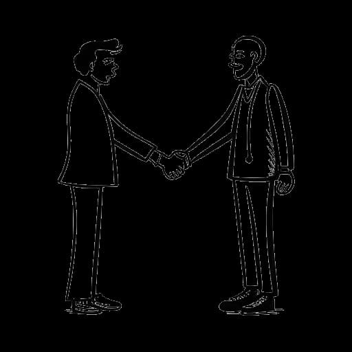 Strichzeichnung von zwei Männern, die sich die Hände schütteln, was die friedliche Lösung eines Konflikts darstellt.