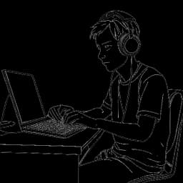 Strichzeichnung von Felix von der Laden, einem jungen Mann mit Headset, der vor einem Computer sitzt und ein Gaming-Video aufnimmt.