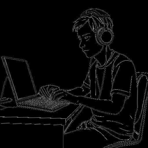Strichzeichnung von Felix von der Laden, einem jungen Mann mit Headset, der vor einem Computer sitzt und ein Gaming-Video aufnimmt.