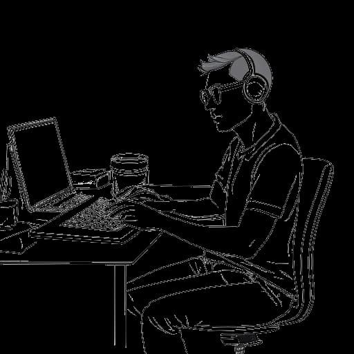 Einzeilige Zeichnung, die einen Mann darstellt, der Felix von der Laden repräsentiert, der in ein Videospiel auf seinem Laptop vertieft ist, mit Elementen der professionellen Videoproduktion und einem Rennwagen im Hintergrund gegen einen weißen Hintergrund.