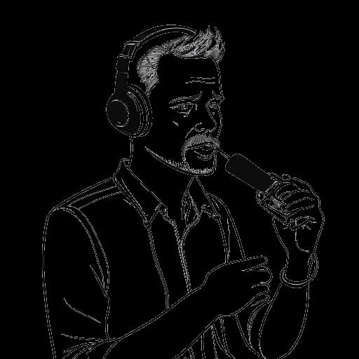 Strichzeichnung eines Mannes, der Felix von der Laden repräsentiert, mit einem Mikrofon und einem Game-Controller sowie einem Computer im Hintergrund, vor einem weißen Hintergrund.