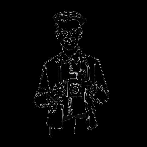 Strichzeichnung eines Mannes, der Felix von der Laden repräsentiert, mit Produkten seiner Produktions- und Merchandising-Firmen, vor einem weißen Hintergrund.