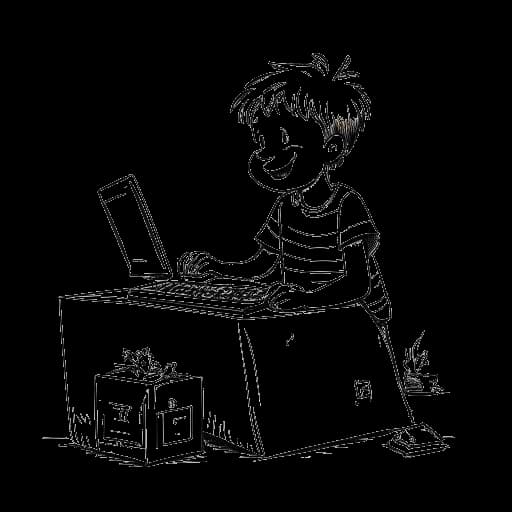 Strichzeichnung eines 8-jährigen Jungen, der Felix von der Laden repräsentiert und seinen ersten Computer an Weihnachten öffnet, vor einem weißen Hintergrund.
