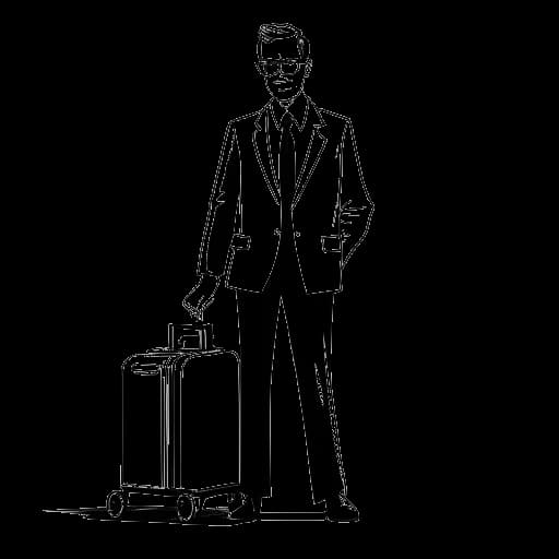 Strichzeichnung eines Mannes, der Felix von der Laden repräsentiert und als Lufthansa Senator mit einem Koffer an einem Flugsteig steht, vor einem weißen Hintergrund.