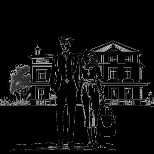 Strichzeichnung eines Mannes, Felix von der Laden, und seiner Freundin, Chany Dakota, in Mallorca vor einer spanischen Villa stehend, vor einem weißen Hintergrund.