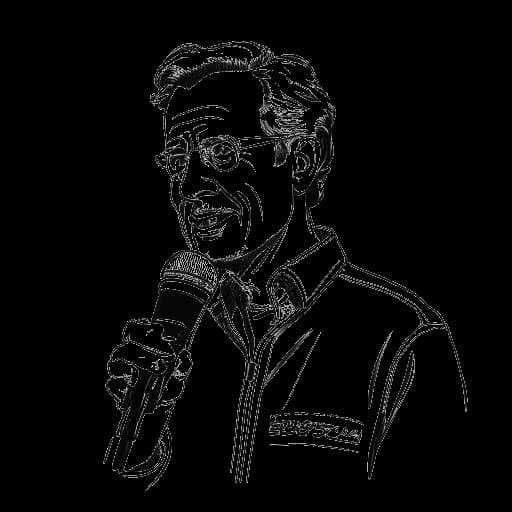 Strichzeichnung eines Mannes, der Felix von der Laden repräsentiert, der als Moderator bei Sky Sport F1 Rennen kommentiert und sein Fachwissen einbringt, vor einem weißen Hintergrund.