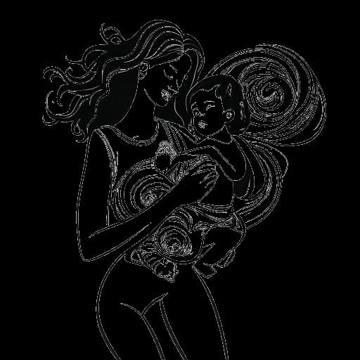 Line art drawing of a woman, mirroring Brittany Renner, holding a child with a protective stance in the midst of paparazzi camera flashes, all presented on a white background.