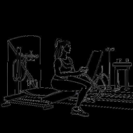 Line art drawing of a woman representing Brittany Renner doing a workout in a gym, surrounded by fitness equipment.