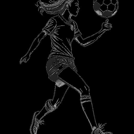 Line art drawing of a young woman representing Brittany Renner playing soccer with a championship trophy in the background.