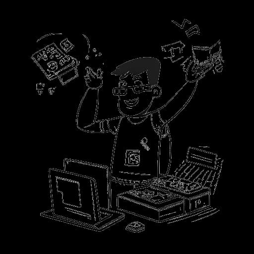Strichzeichnung eines Mannes, der Jschlatt repräsentiert, der in der MLG-Szene und als Minecraft-Content-Ersteller brilliert, in Bezug zu digitalen Elementen, die Humor und emotionale Tiefe symbolisieren. Präsentiert vor einem weißen Hintergrund.