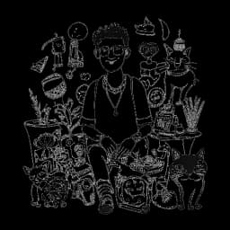 Strichzeichnung eines Mannes, der Jschlatt repräsentiert und Exzentrik zeigt, mit einer Katze an seiner Seite, umgeben von skurrilen Elementen. Alles dargestellt vor einem weißen Hintergrund.