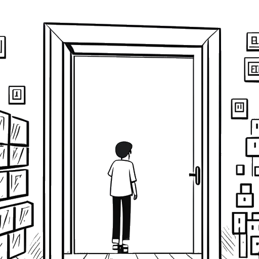 Strichzeichnung eines Mannes, der durch eine Tür mit dem Aufdruck 'Dream SMP' tritt, mit Minecraft-Blöcken im Hintergrund, der Jschlatt repräsentiert.